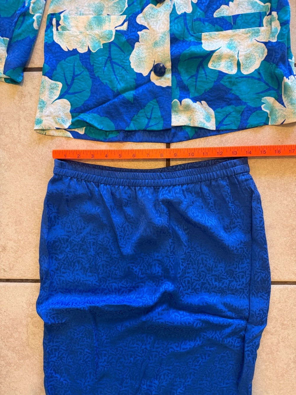 Vintage 90s 100% Silk Floral Skirt Suit Set | Blue Co-Ord Power Suit - Picture 8 of 10